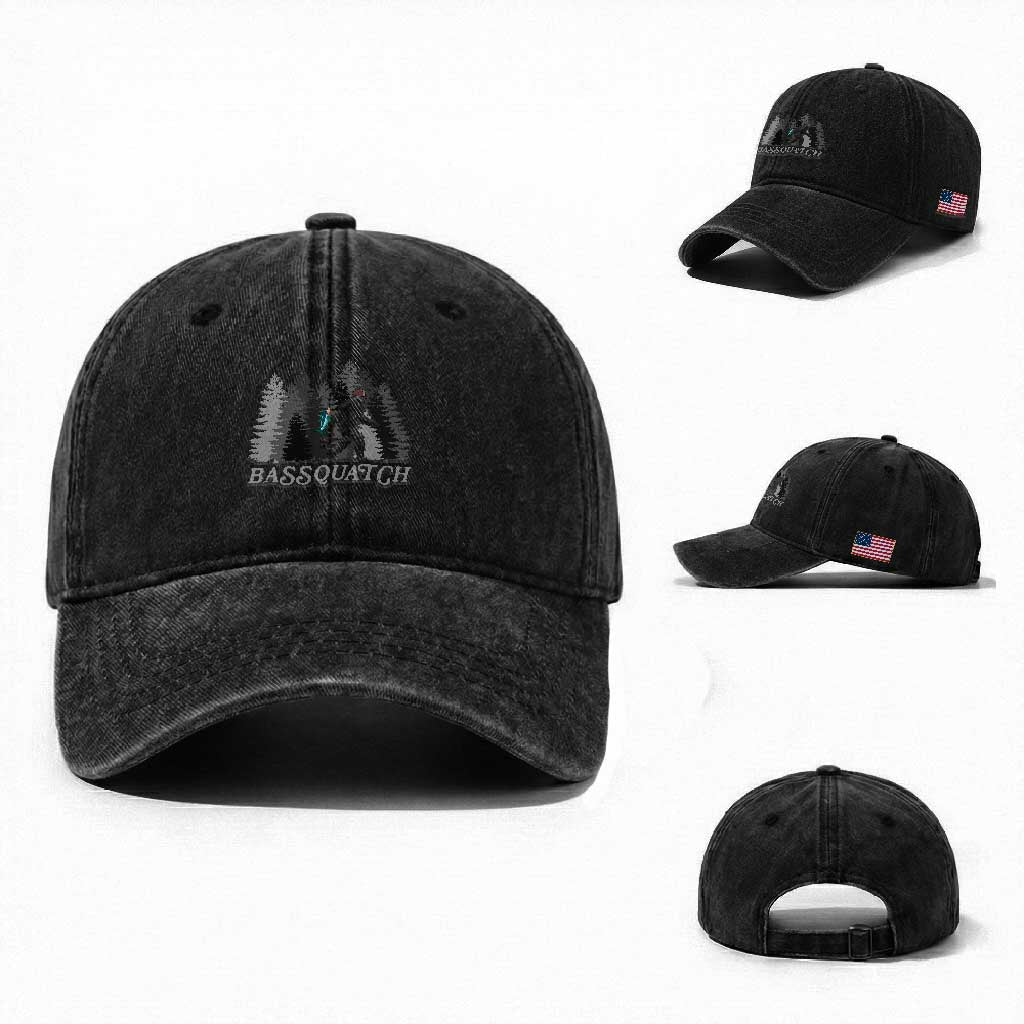 Funny Bigfoot Fishing Washed Cotton Baseball Cap Bassquatch Sasquatch In The Forest Yeti