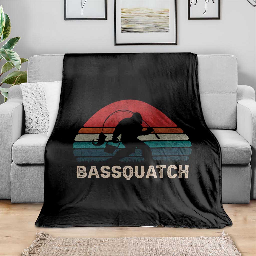 Retro Bigfoot Fishing Throw Blanket Funny Retro Sasquatch Bassquatch Fisherman - Wonder Print Shop