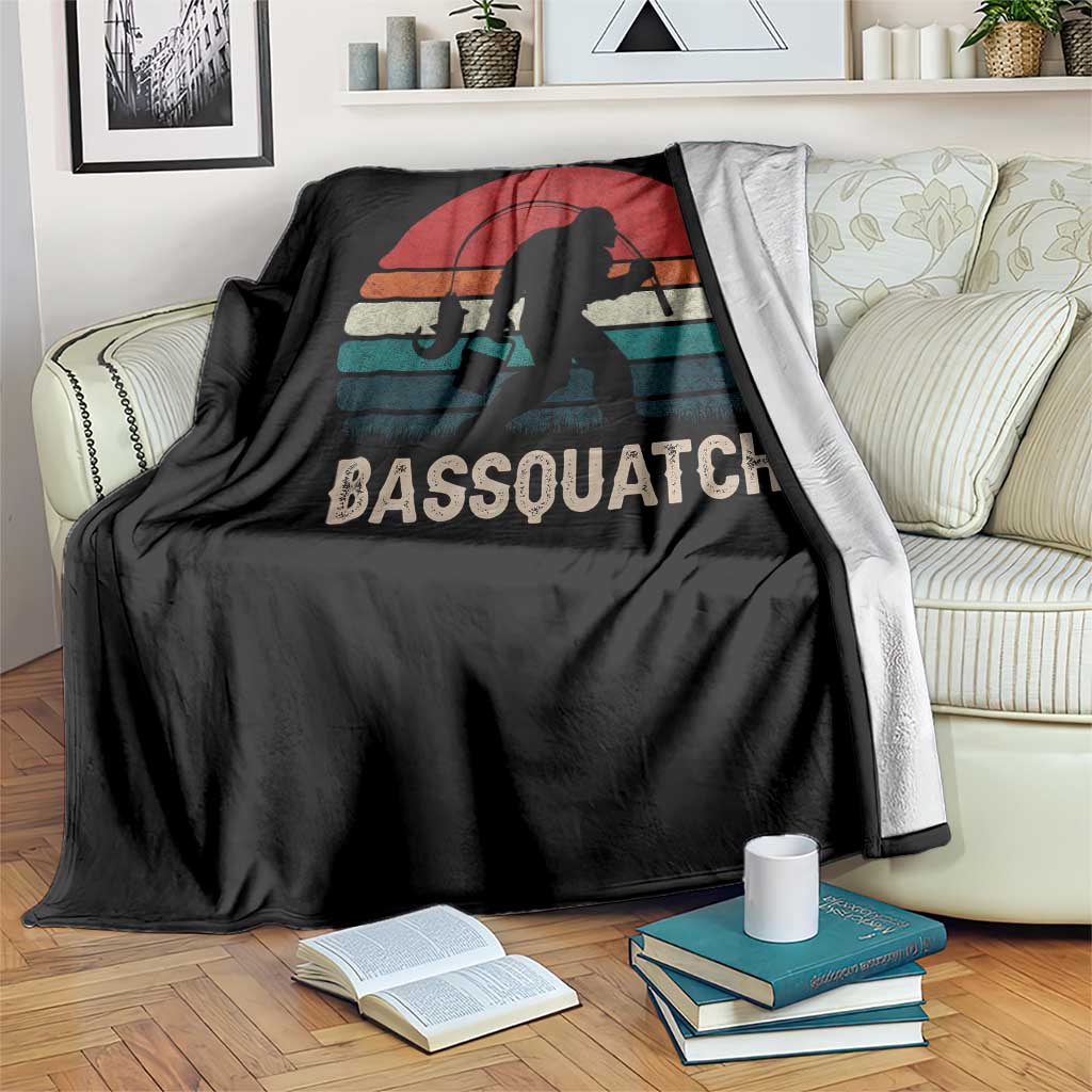 Retro Bigfoot Fishing Throw Blanket Funny Retro Sasquatch Bassquatch Fisherman - Wonder Print Shop