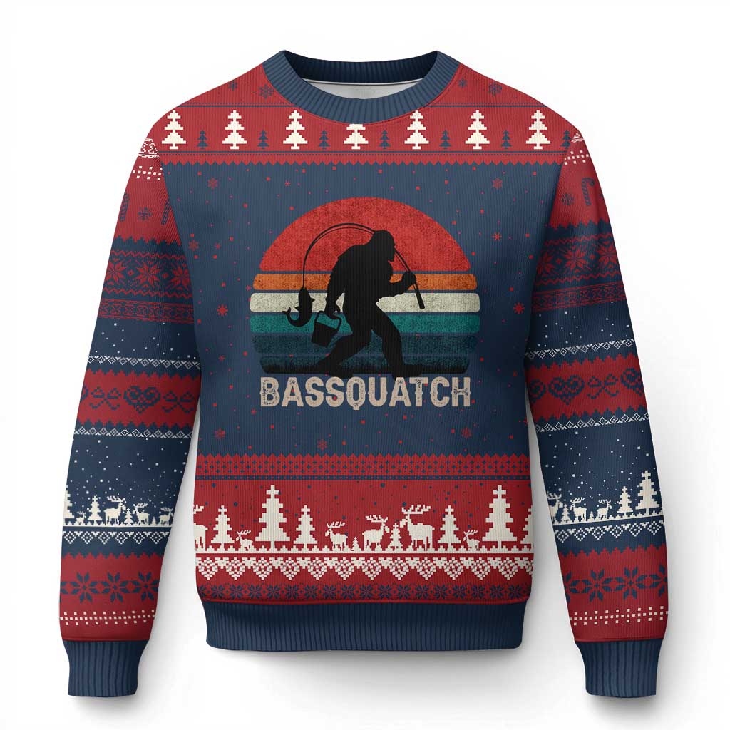 Retro Bigfoot Fishing Ugly Christmas Sweater Funny Retro Sasquatch Bassquatch Fisherman - Wonder Print Shop