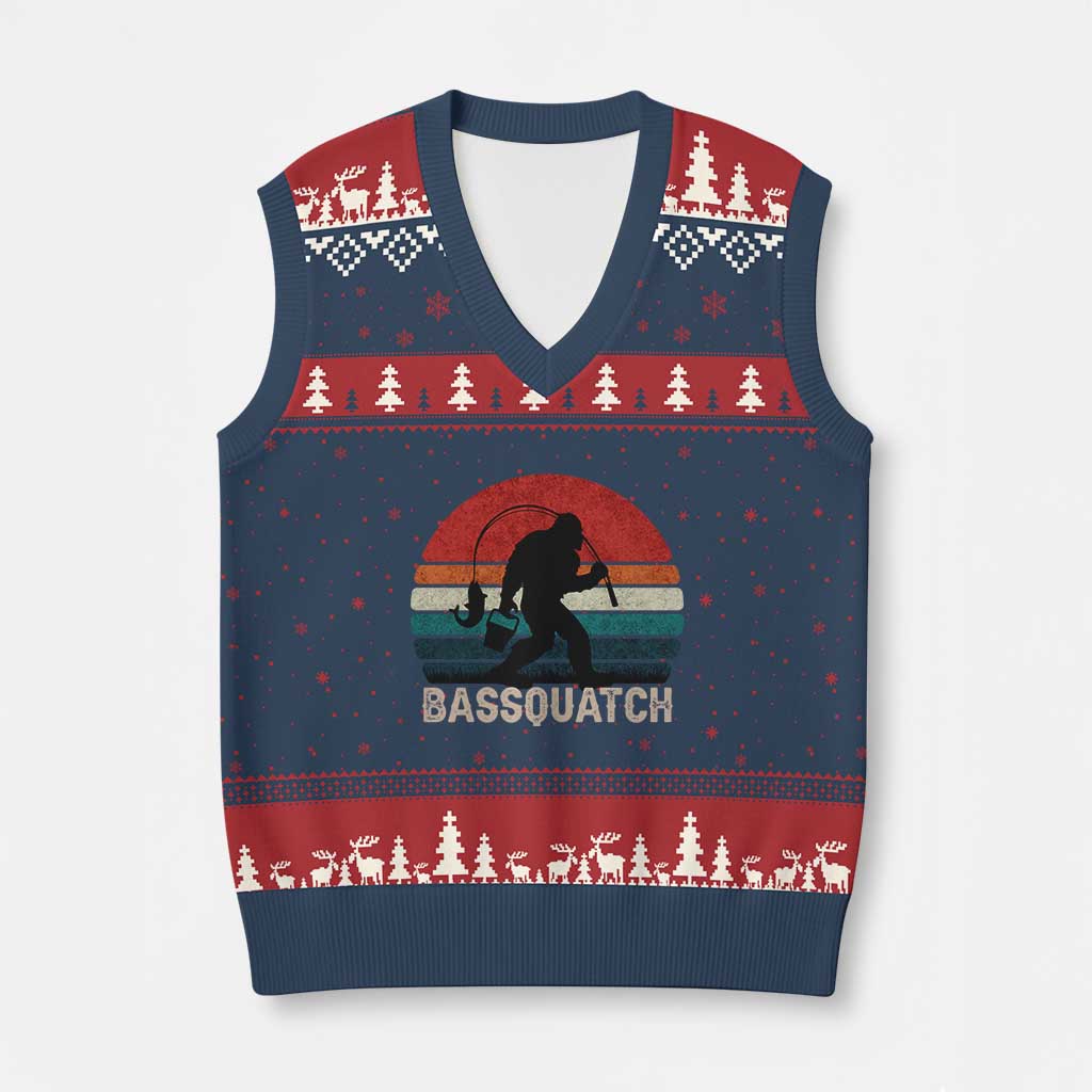 Retro Bigfoot Fishing V-Neck Knit Sweater Vest Funny Retro Sasquatch Bassquatch Fisherman - Wonder Print Shop