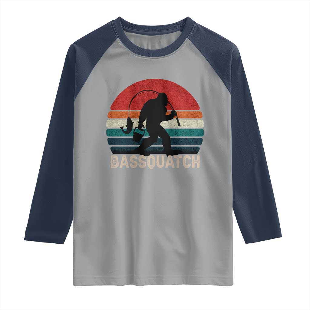 Retro Bigfoot Fishing Raglan Shirt Funny Retro Sasquatch Bassquatch Fisherman - Wonder Print Shop
