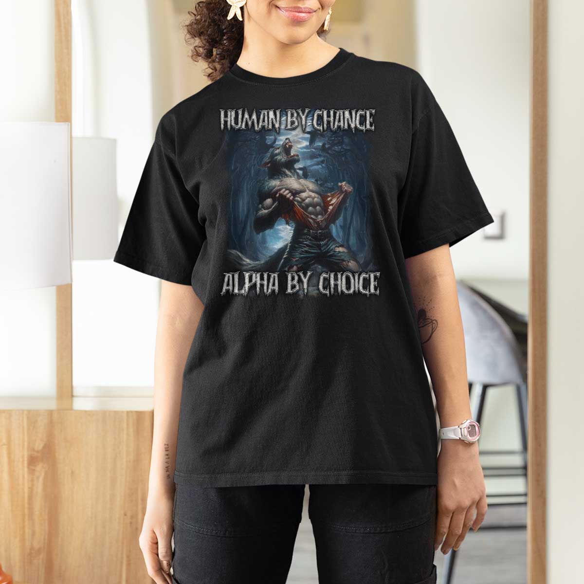 Human By Chance Alpha By Choice Wolf T Shirt For Women Vintage 90s Style Wolf Sigma Emo Meme - Wonder Print Shop