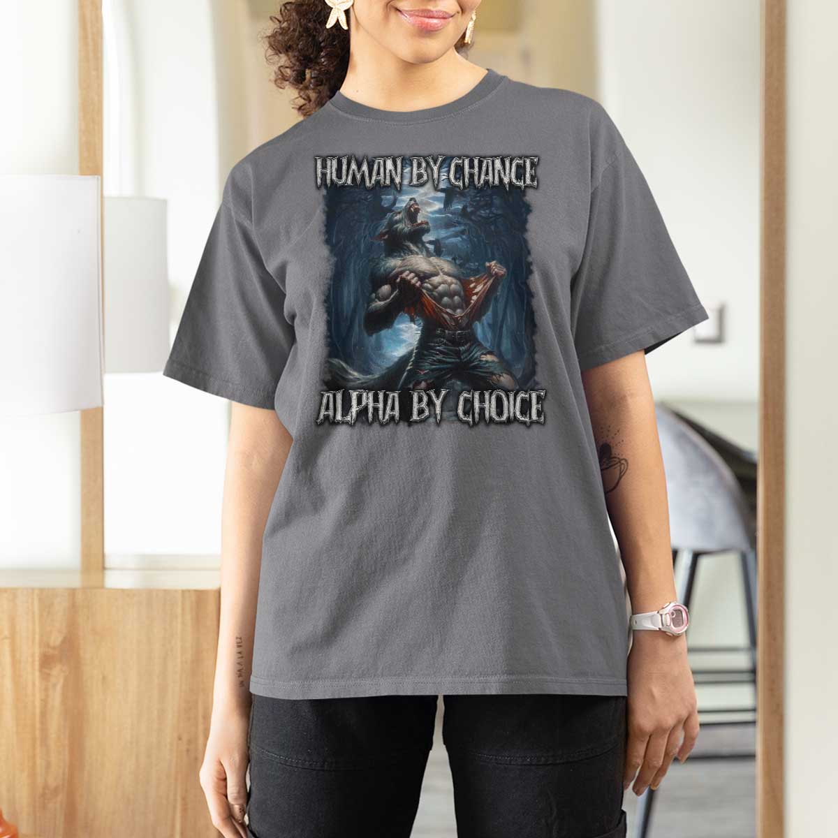 Human By Chance Alpha By Choice Wolf T Shirt For Women Vintage 90s Style Wolf Sigma Emo Meme - Wonder Print Shop