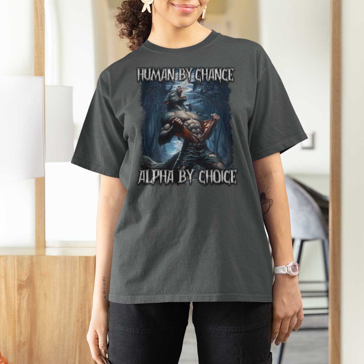 Human By Chance Alpha By Choice Wolf T Shirt For Women Vintage 90s Style Wolf Sigma Emo Meme - Wonder Print Shop