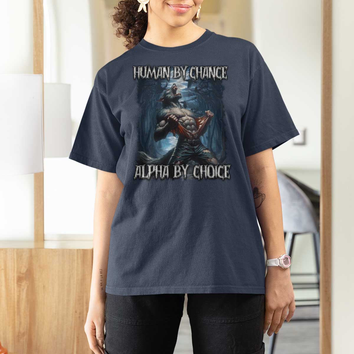 Human By Chance Alpha By Choice Wolf T Shirt For Women Vintage 90s Style Wolf Sigma Emo Meme - Wonder Print Shop