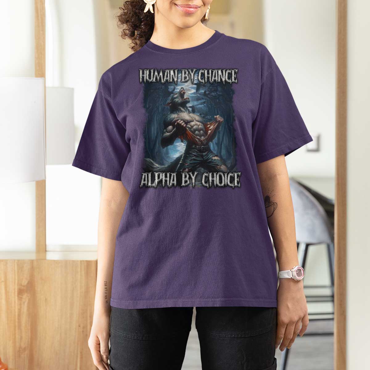 Human By Chance Alpha By Choice Wolf T Shirt For Women Vintage 90s Style Wolf Sigma Emo Meme - Wonder Print Shop