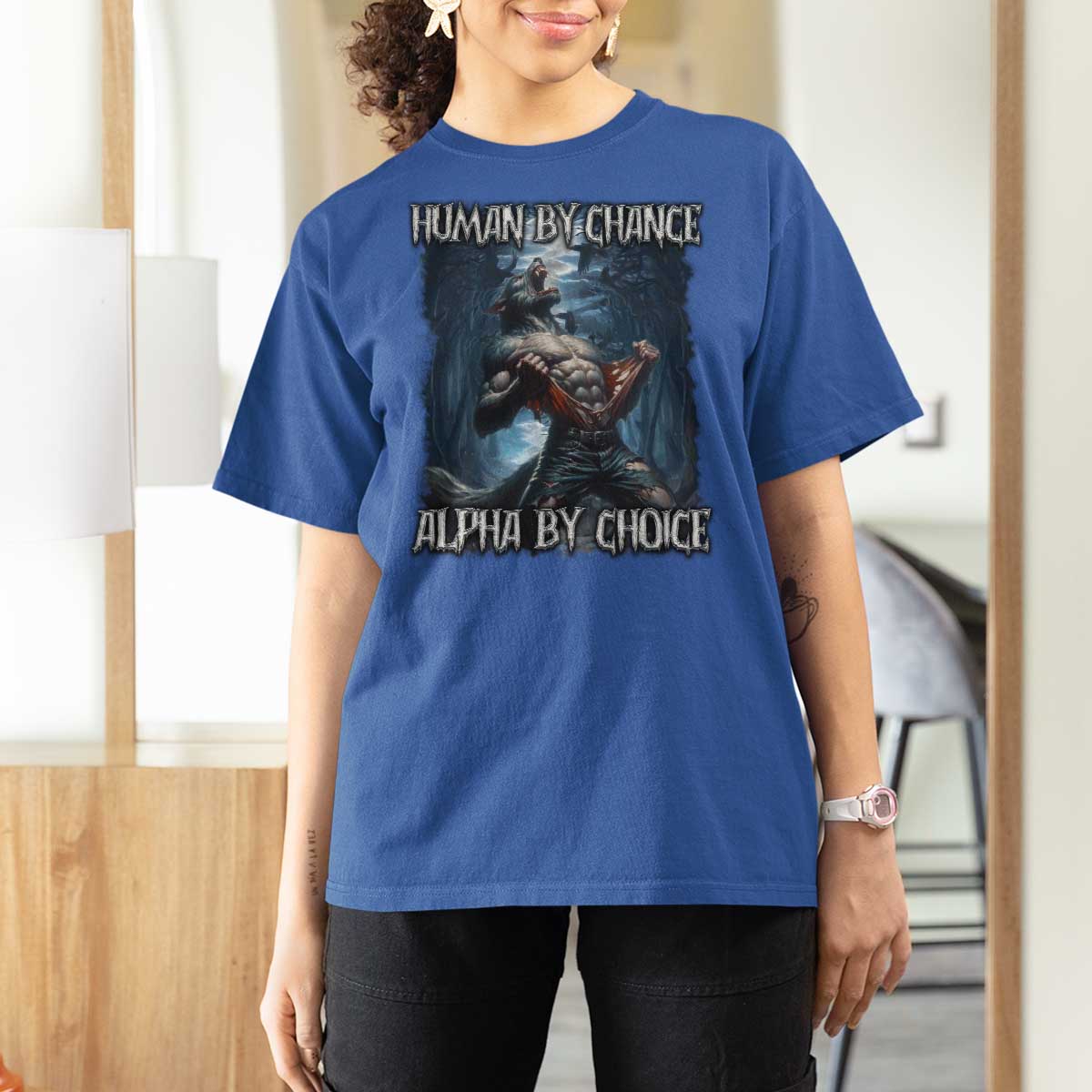 Human By Chance Alpha By Choice Wolf T Shirt For Women Vintage 90s Style Wolf Sigma Emo Meme - Wonder Print Shop