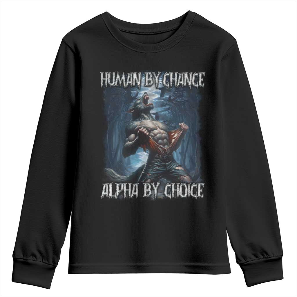 Human By Chance Alpha By Choice Wolf Youth Sweatshirt Vintage 90s Style Wolf Sigma Emo Meme - Wonder Print Shop