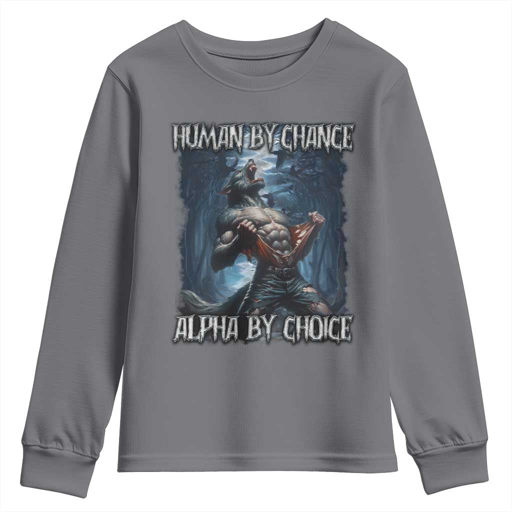 Human By Chance Alpha By Choice Wolf Youth Sweatshirt Vintage 90s Style Wolf Sigma Emo Meme - Wonder Print Shop