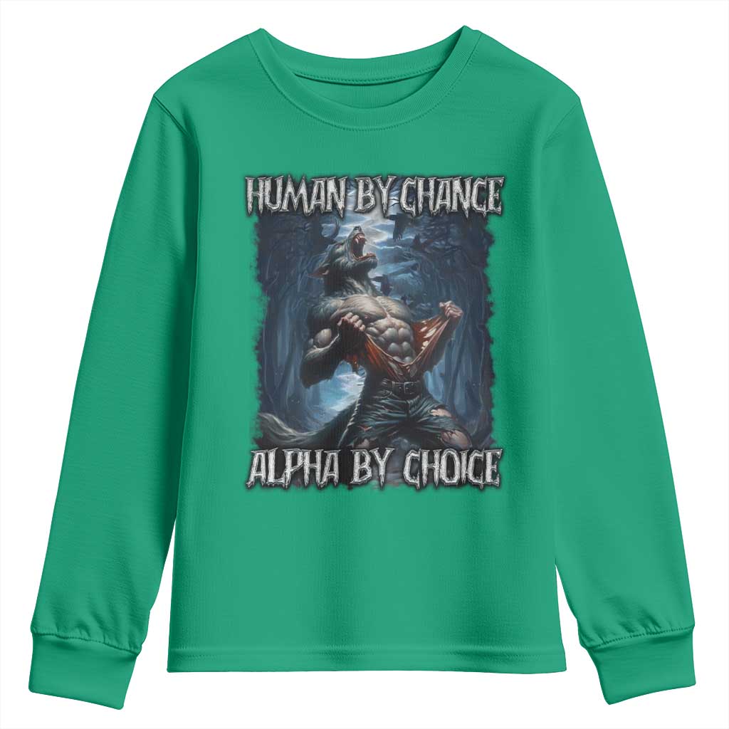 Human By Chance Alpha By Choice Wolf Youth Sweatshirt Vintage 90s Style Wolf Sigma Emo Meme - Wonder Print Shop