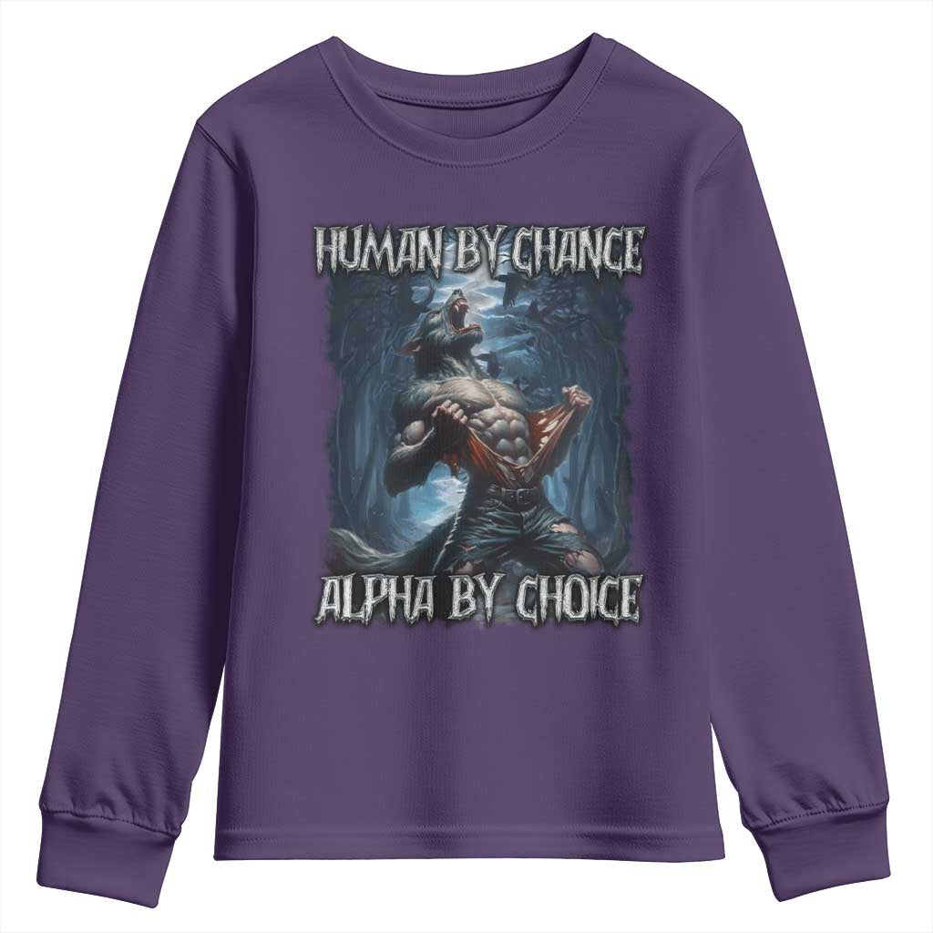 Human By Chance Alpha By Choice Wolf Youth Sweatshirt Vintage 90s Style Wolf Sigma Emo Meme - Wonder Print Shop