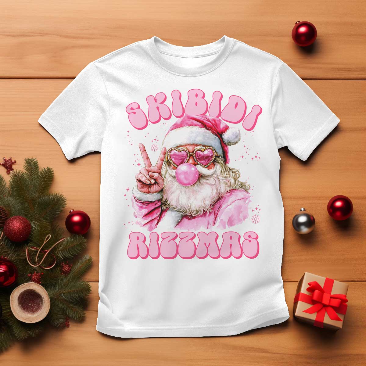 Skibidi Rizzmas Christmas T Shirt Rizz Santa Pink Bubble Gum Funny Xmas Girl Kids Gen Alpha - Wonder Print Shop