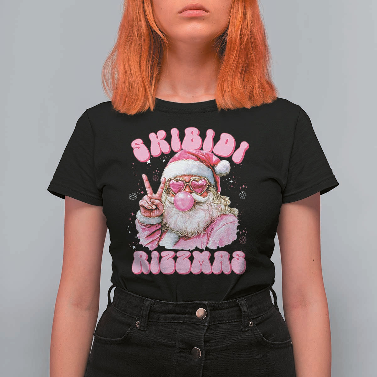 Skibidi Rizzmas Christmas T Shirt For Women Rizz Santa Pink Bubble Gum Funny Xmas Girl Kids Gen Alpha - Wonder Print Shop