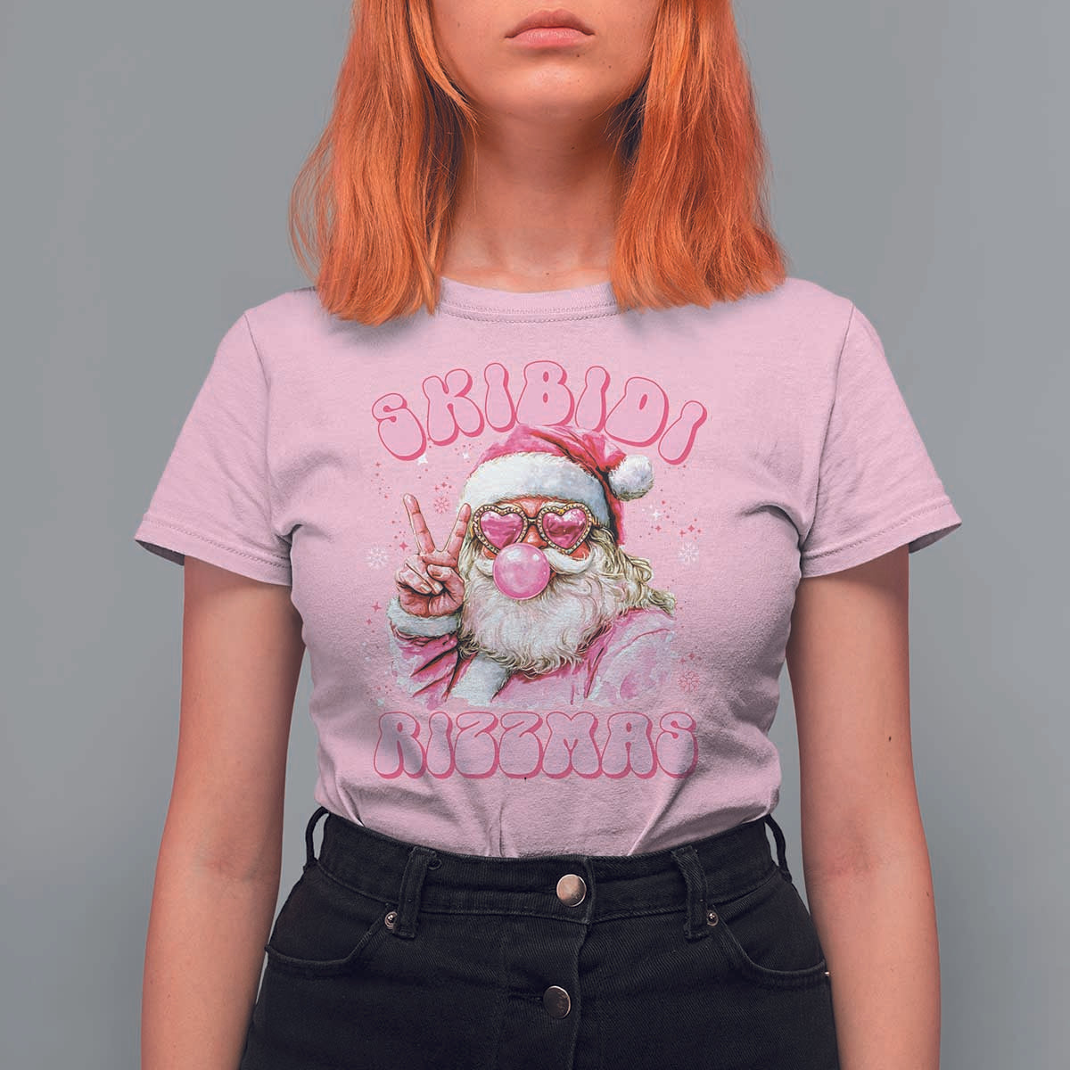 Skibidi Rizzmas Christmas T Shirt For Women Rizz Santa Pink Bubble Gum Funny Xmas Girl Kids Gen Alpha - Wonder Print Shop