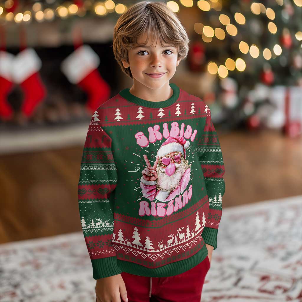 Skibidi Rizzmas Christmas Knitted Sweatshirt Rizz Santa Pink Bubble Gum Funny Xmas Girl Kids Gen Alpha - Wonder Print Shop