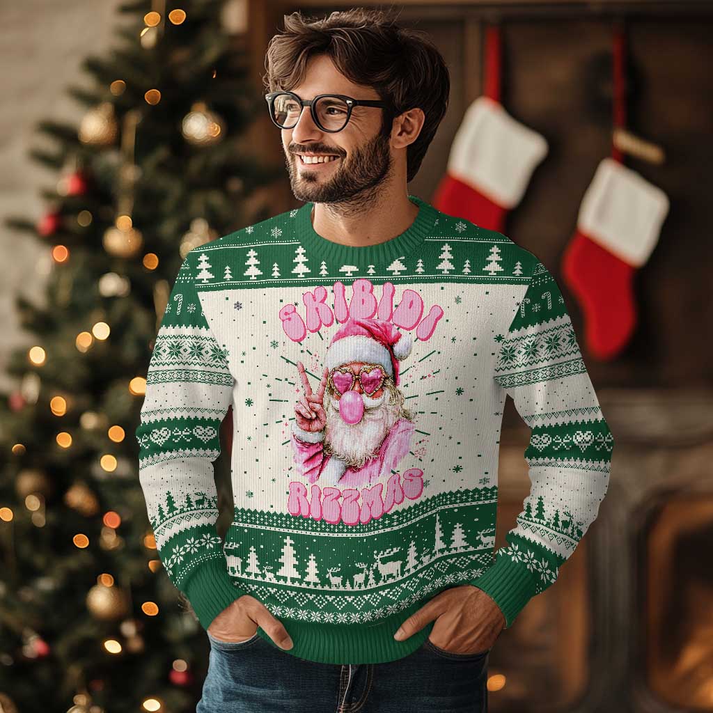 Skibidi Rizzmas Christmas Knitted Sweatshirt Rizz Santa Pink Bubble Gum Funny Xmas Girl Kids Gen Alpha - Wonder Print Shop