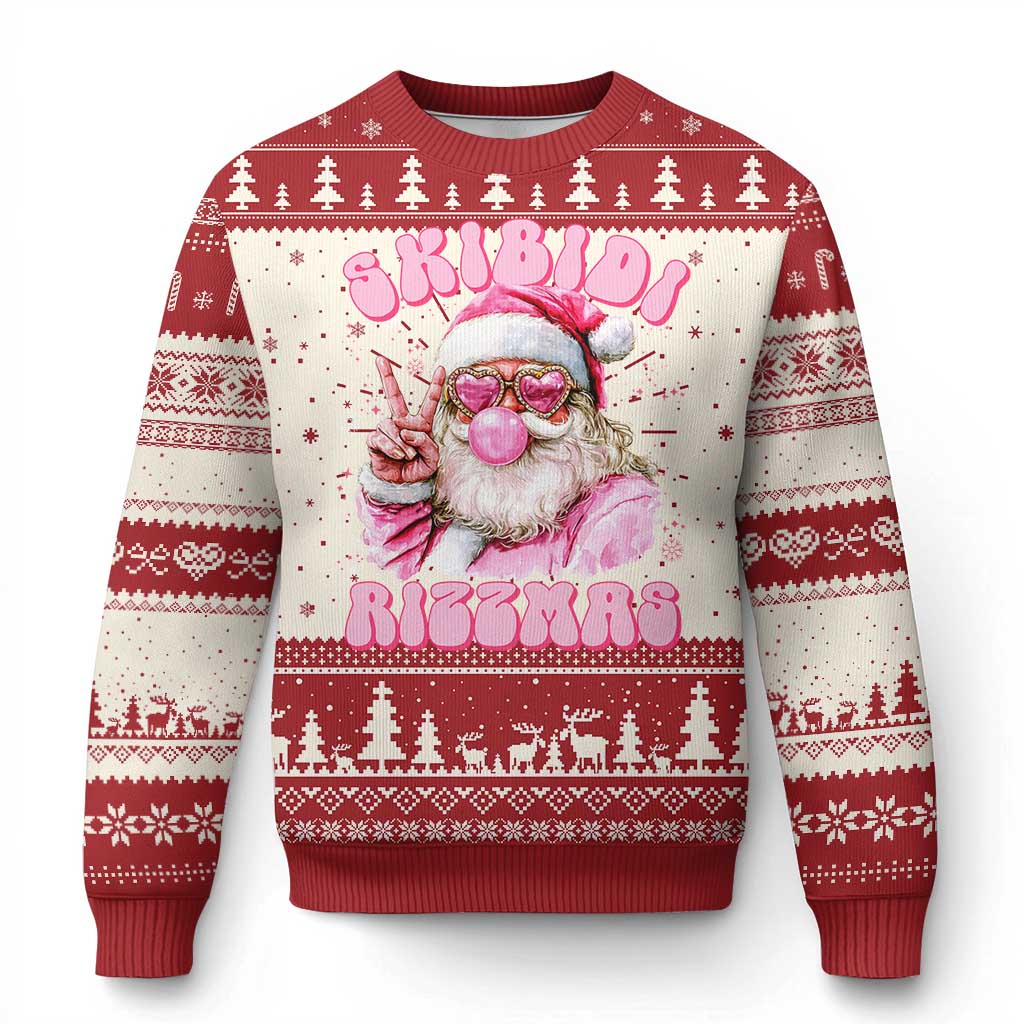Skibidi Rizzmas Christmas Knitted Sweatshirt Rizz Santa Pink Bubble Gum Funny Xmas Girl Kids Gen Alpha - Wonder Print Shop