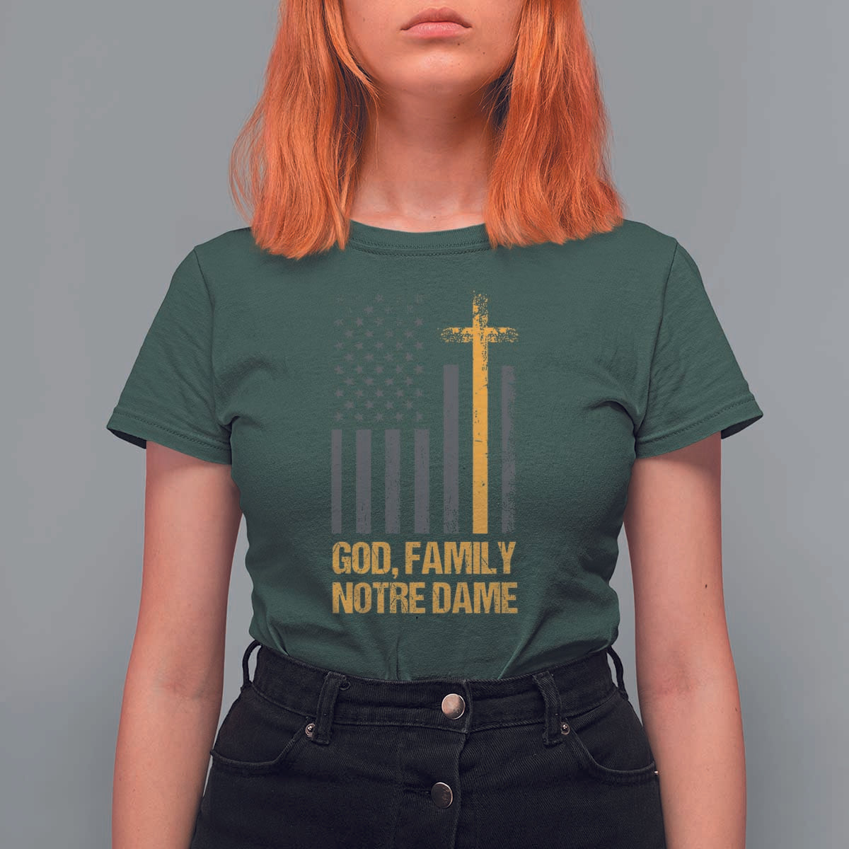 God First Family Second Then Notre Dame T Shirt For Women US Flag