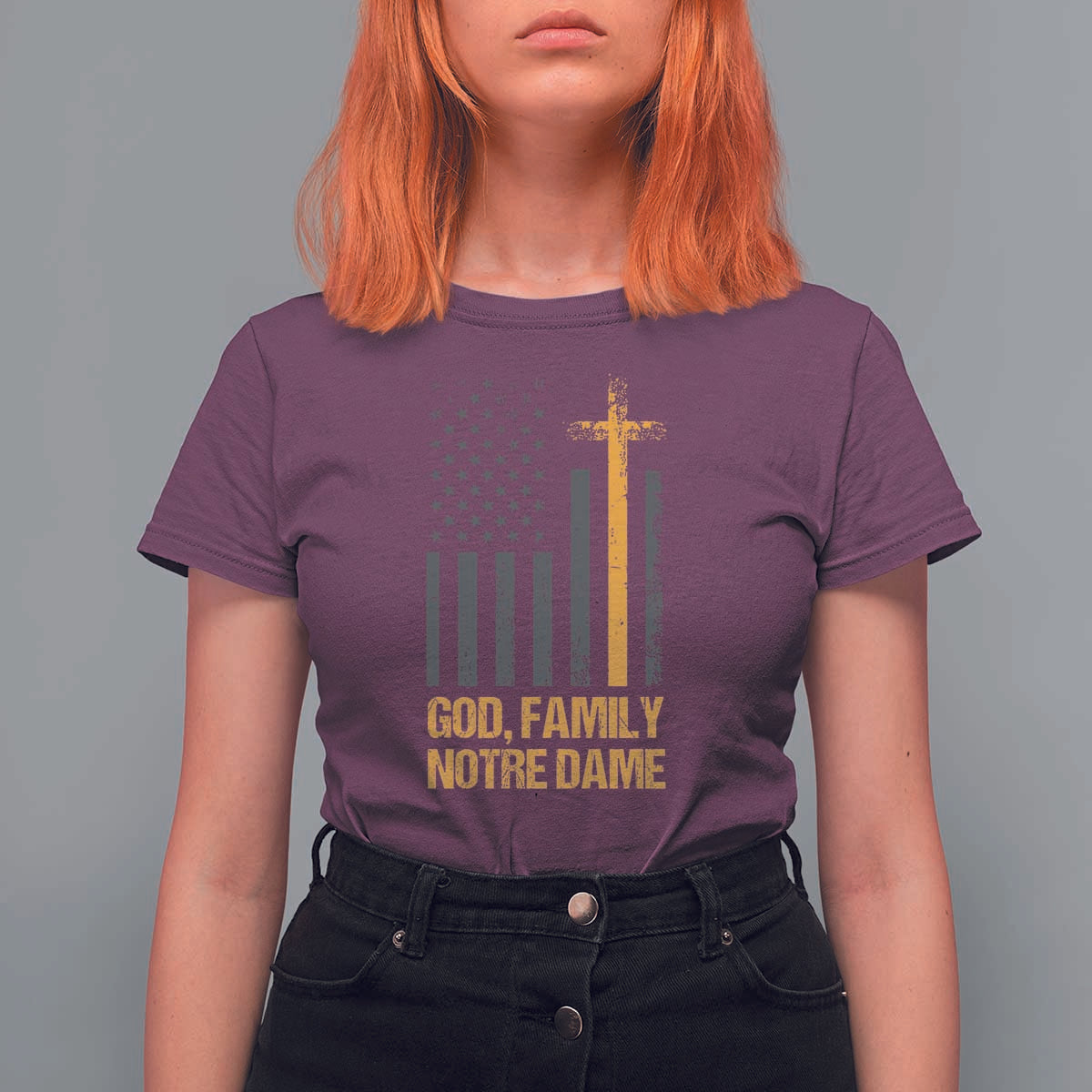God First Family Second Then Notre Dame T Shirt For Women US Flag