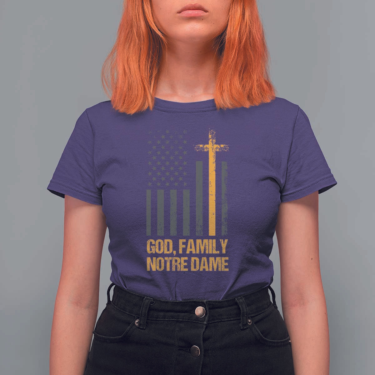 God First Family Second Then Notre Dame T Shirt For Women US Flag