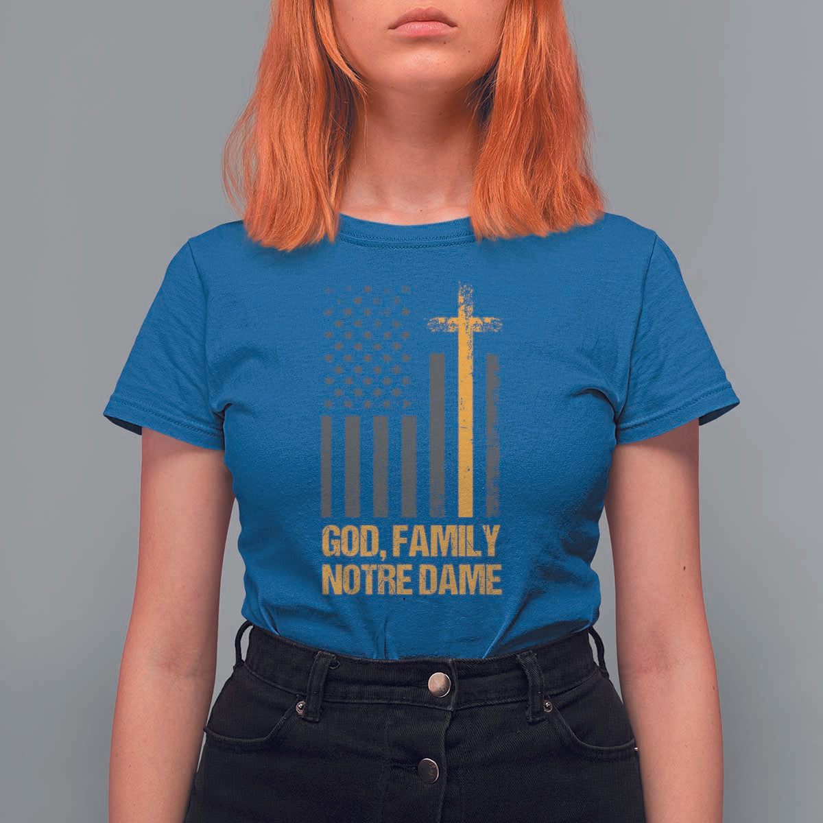 God First Family Second Then Notre Dame T Shirt For Women US Flag