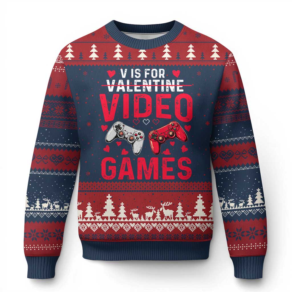 Funny Valentines Gamer Ugly Christmas Sweater V is for Video Games - Wonder Print Shop