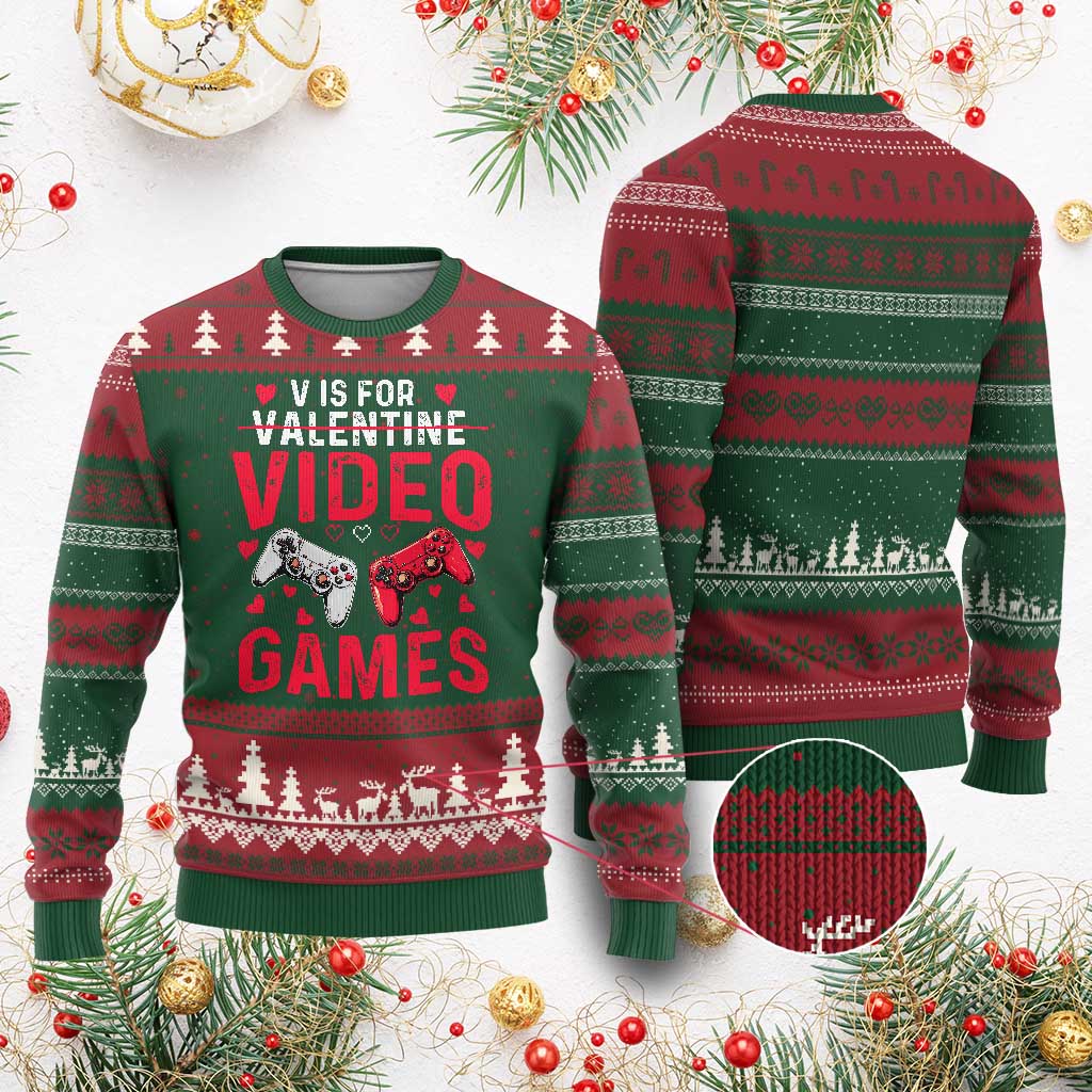Funny Valentines Gamer Ugly Christmas Sweater V is for Video Games - Wonder Print Shop