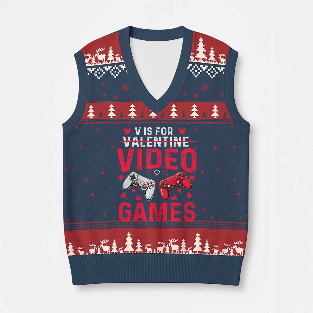 Funny Valentines Gamer V-Neck Knit Sweater Vest V is for Video Games - Wonder Print Shop