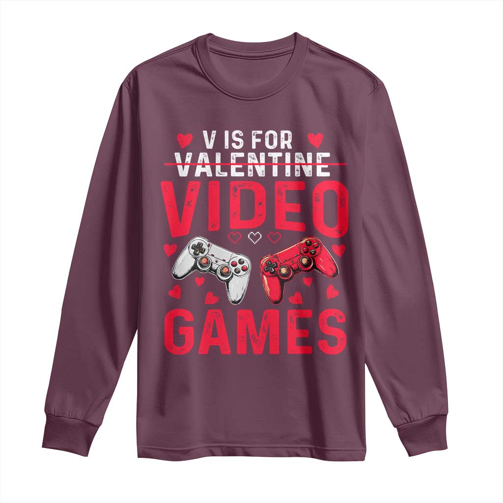 Funny Valentines Gamer Long Sleeve Shirt V is for Video Games - Wonder Print Shop