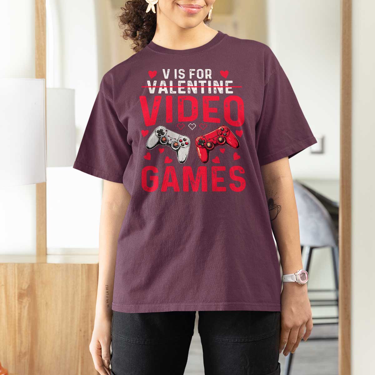 Funny Valentines Gamer T Shirt For Women V is for Video Games - Wonder Print Shop