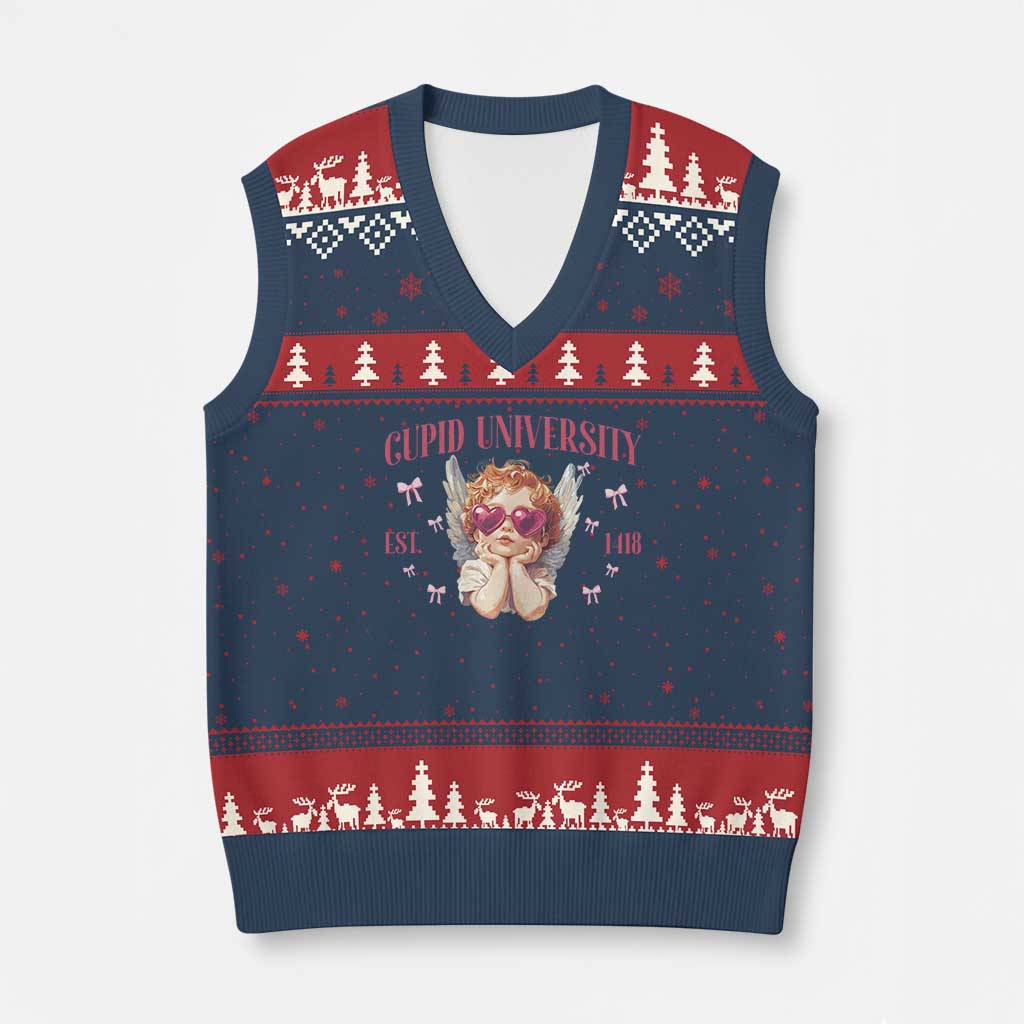 Cupid University V-Neck Knit Sweater Vest Cute Valentines Day Funny College - Wonder Print Shop