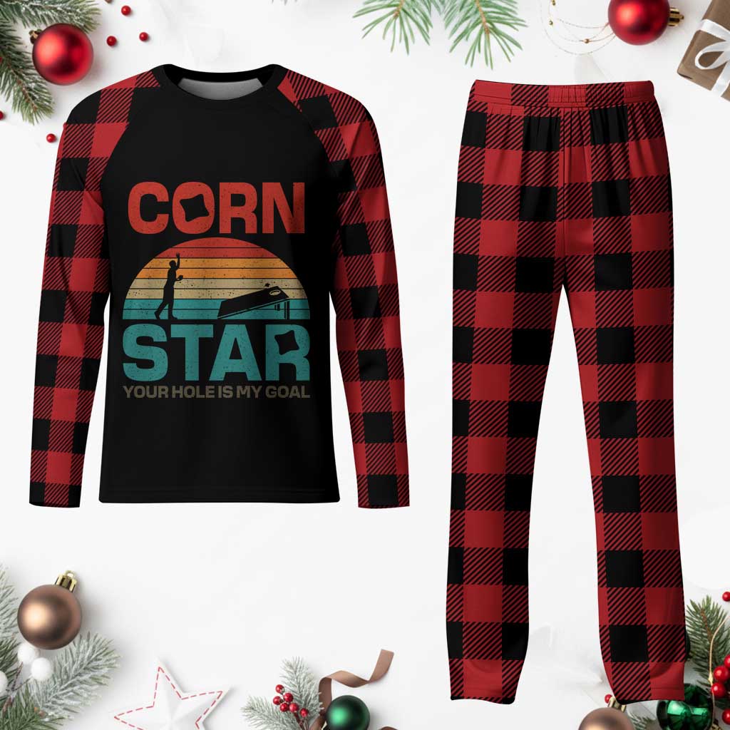 Inappropriate Cornhole Plaid Pajama Set Retro Funny Adult Humor Cornstar Your Hole Is My Goal