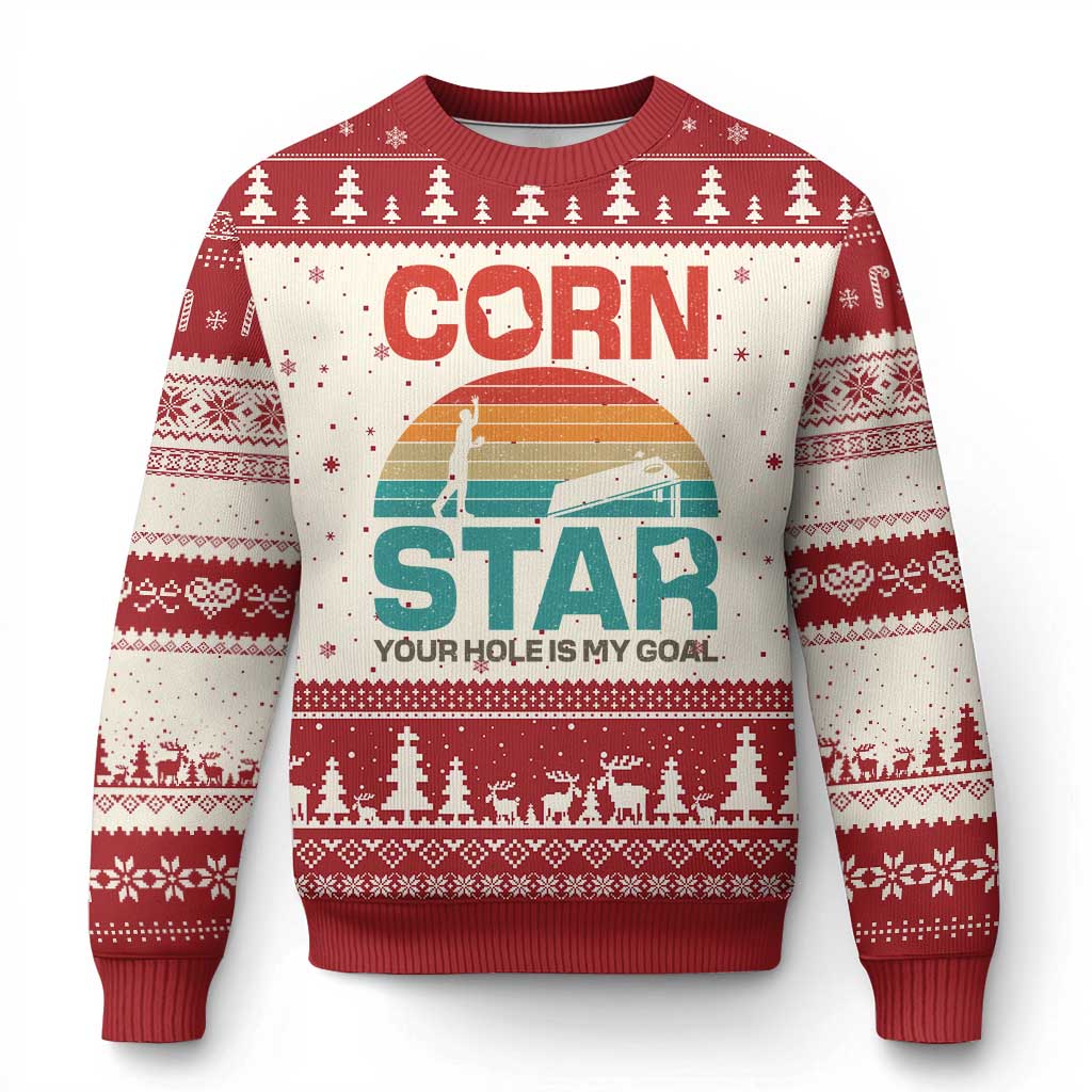 Inappropriate Cornhole Ugly Christmas Sweater Retro Funny Adult Humor Cornstar Your Hole Is My Goal