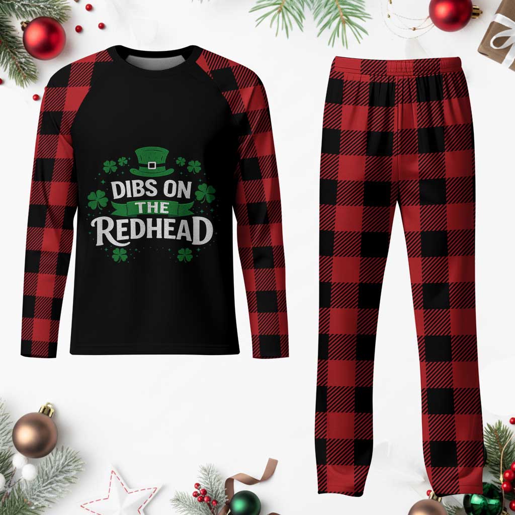 Funny Irish St Patricks Day Dibs On The Redhead Plaid Pajama Set Lucky Shamrock Clovers
