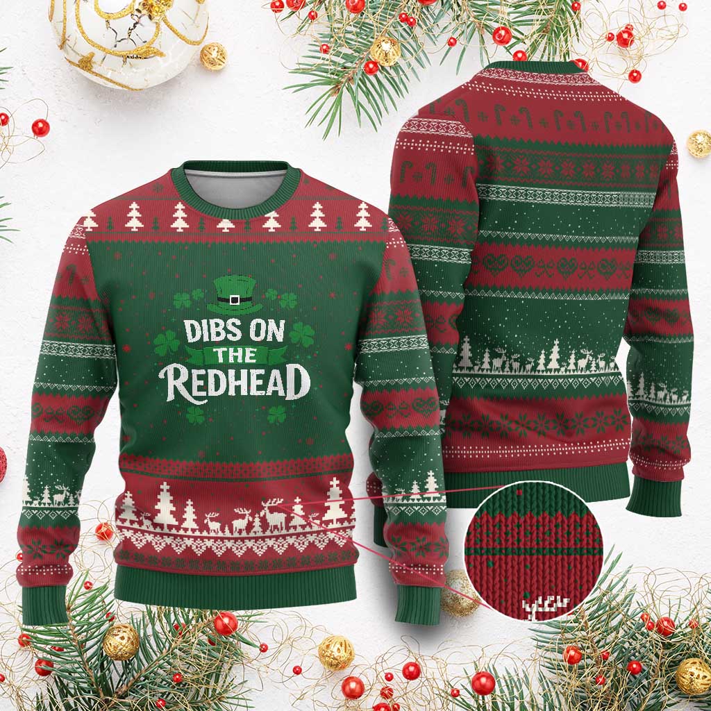 Funny Irish St Patricks Day Dibs On The Redhead Ugly Christmas Sweater Lucky Shamrock Clovers