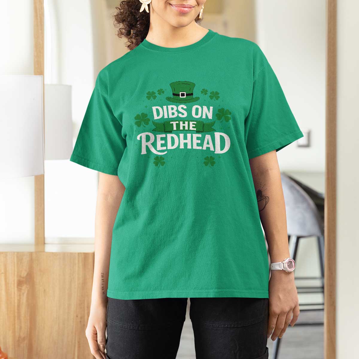 Funny Irish St Patricks Day Dibs On The Redhead T Shirt For Women Lucky Shamrock Clovers