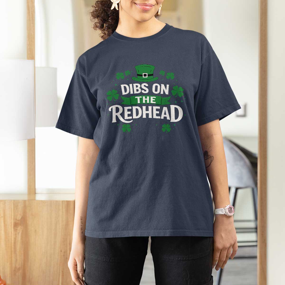 Funny Irish St Patricks Day Dibs On The Redhead T Shirt For Women Lucky Shamrock Clovers