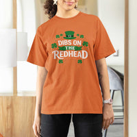 Funny Irish St Patricks Day Dibs On The Redhead T Shirt For Women Lucky Shamrock Clovers