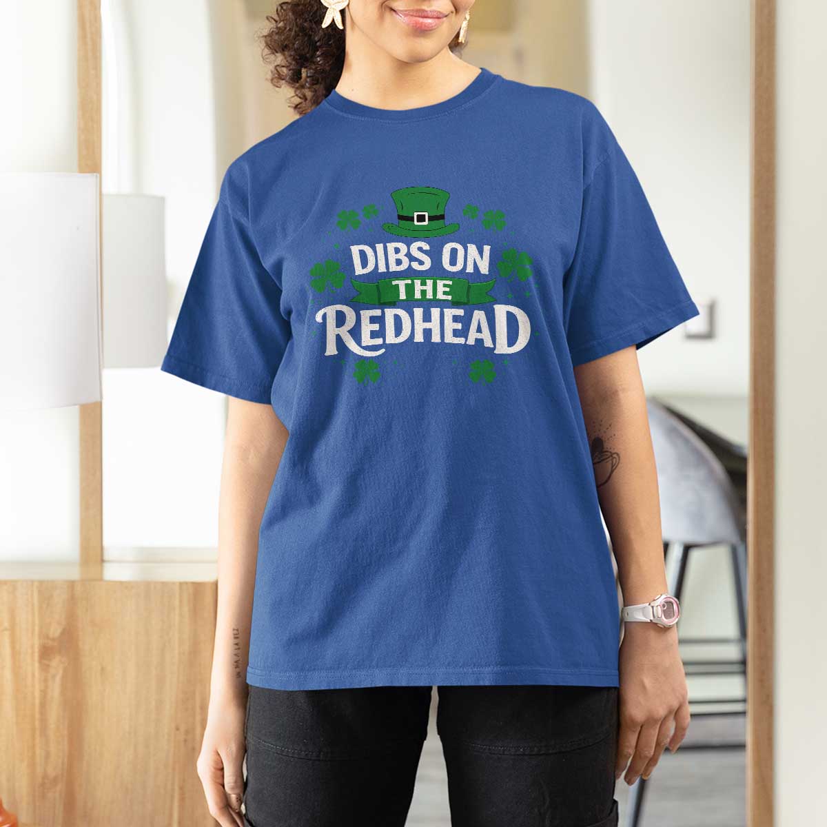 Funny Irish St Patricks Day Dibs On The Redhead T Shirt For Women Lucky Shamrock Clovers