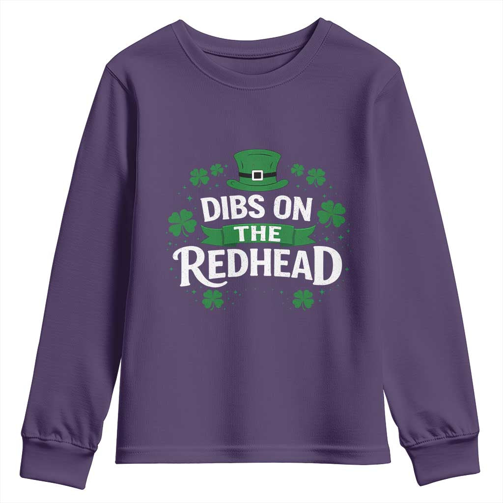 Funny Irish St Patricks Day Dibs On The Redhead Youth Sweatshirt Lucky Shamrock Clovers