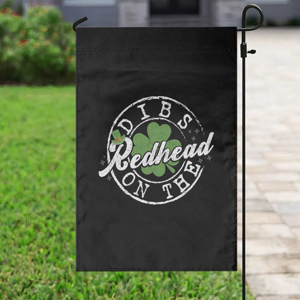 Funny Irish St Patricks Day Dibs On The Redhead Garden Flag Retro Lucky Shamrock