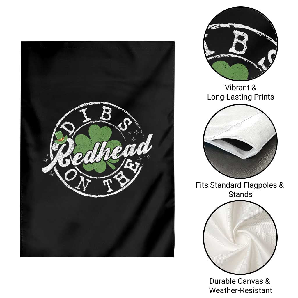 Funny Irish St Patricks Day Dibs On The Redhead Garden Flag Retro Lucky Shamrock