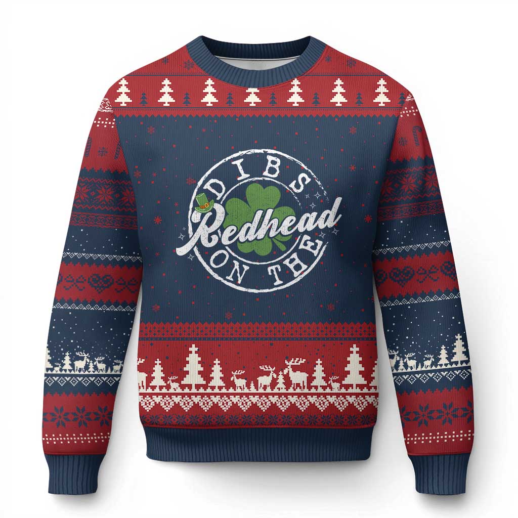 Funny Irish St Patricks Day Dibs On The Redhead Ugly Christmas Sweater Retro Lucky Shamrock