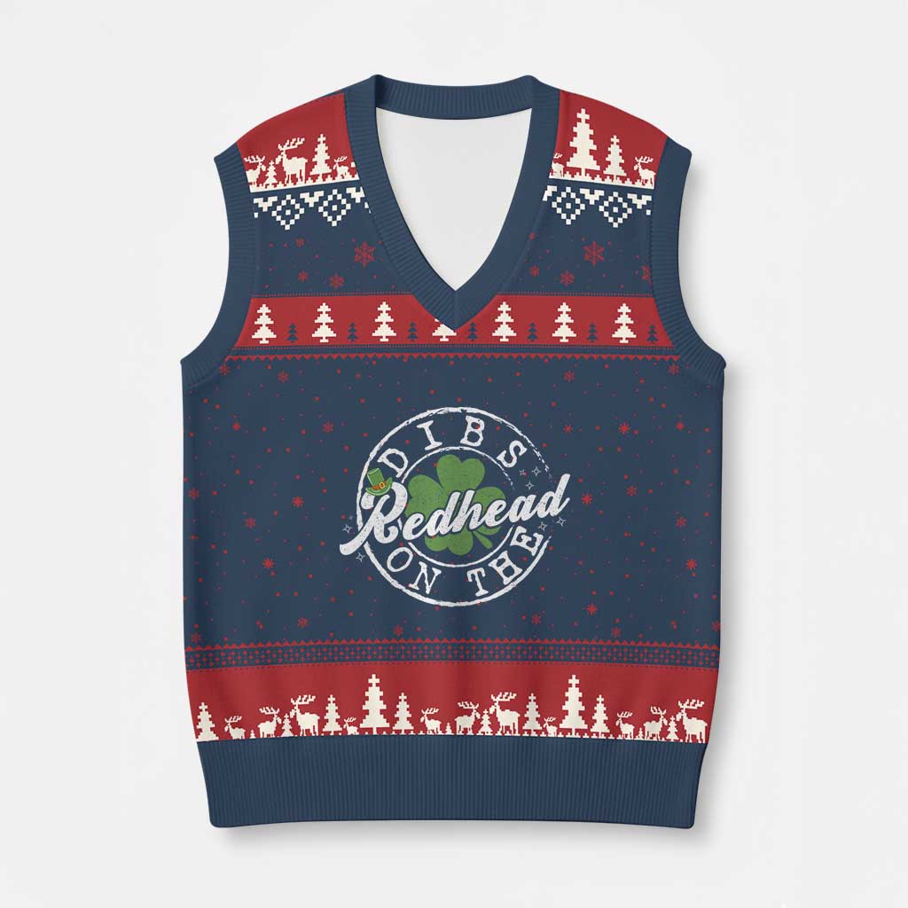 Funny Irish St Patricks Day Dibs On The Redhead V-Neck Knit Sweater Vest Retro Lucky Shamrock