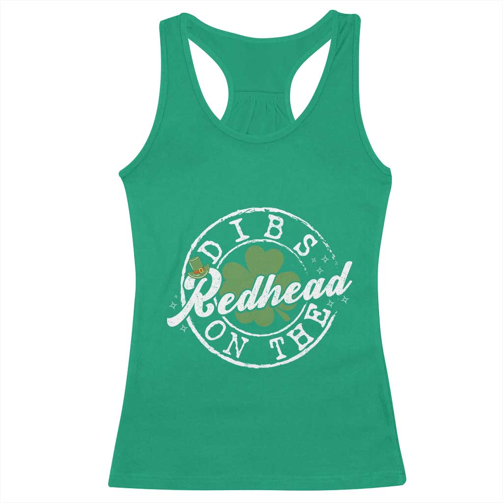 Funny Irish St Patricks Day Dibs On The Redhead Racerback Tank Top Retro Lucky Shamrock