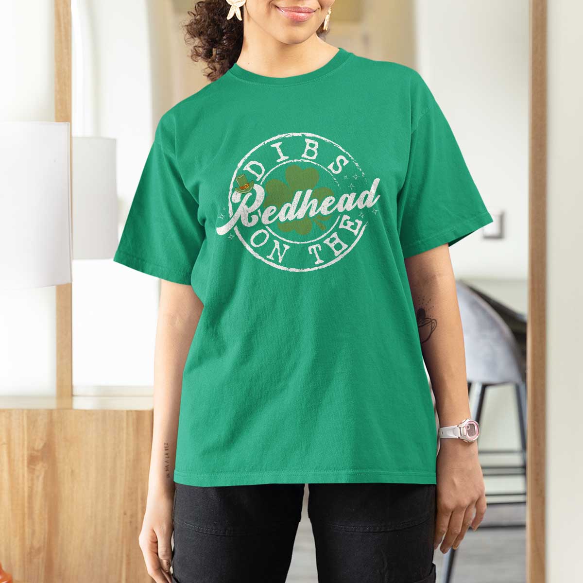 Funny Irish St Patricks Day Dibs On The Redhead T Shirt For Women Retro Lucky Shamrock