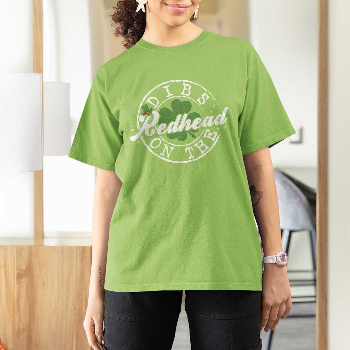 Funny Irish St Patricks Day Dibs On The Redhead T Shirt For Women Retro Lucky Shamrock