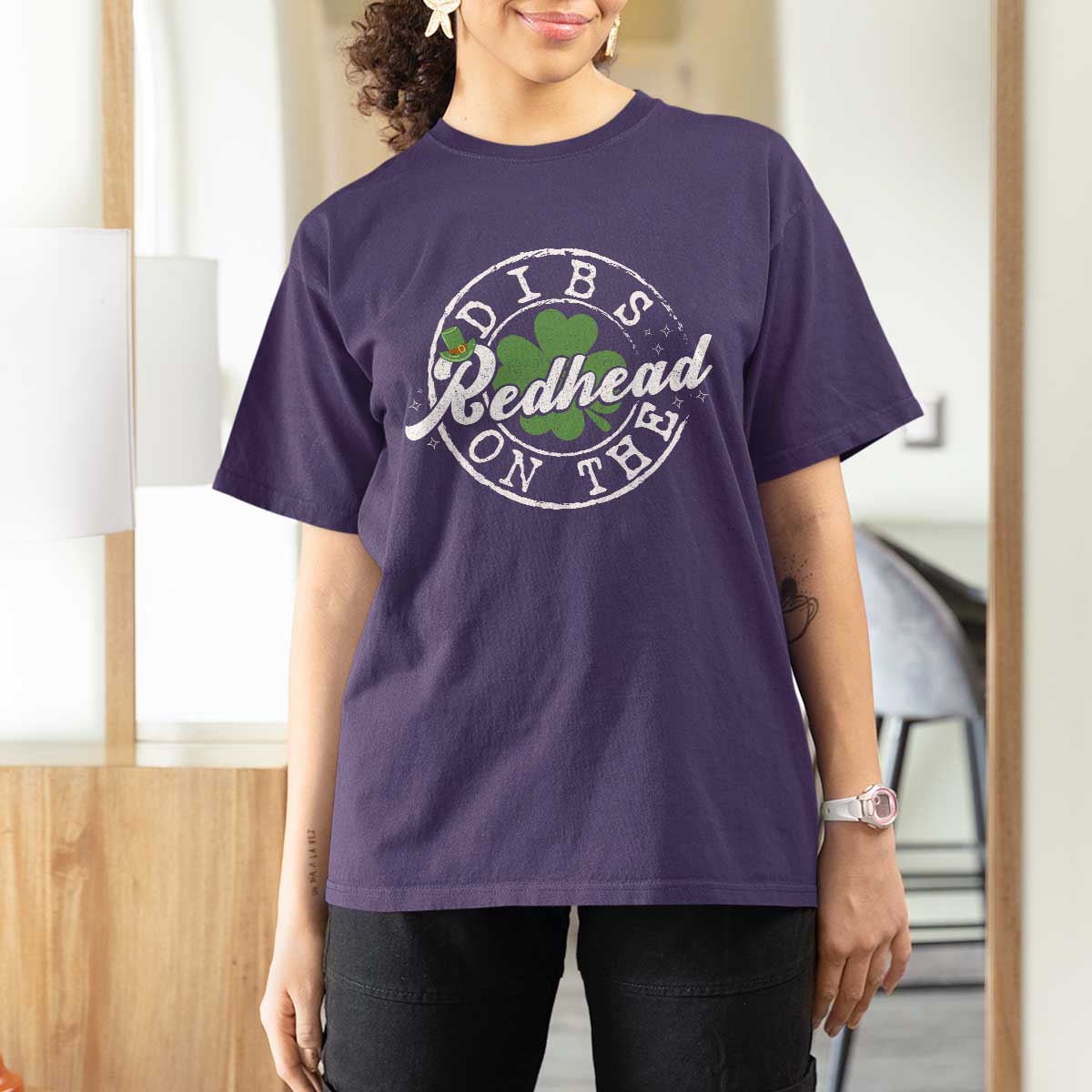 Funny Irish St Patricks Day Dibs On The Redhead T Shirt For Women Retro Lucky Shamrock