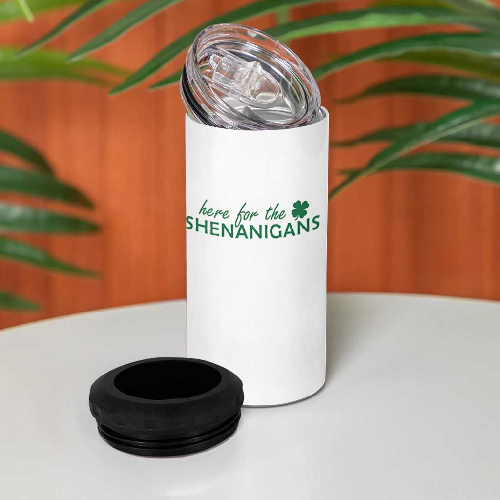 Funny Irish St Patricks Day 4 in 1 Can Cooler Tumbler Here For The Shenanigan Shamrock